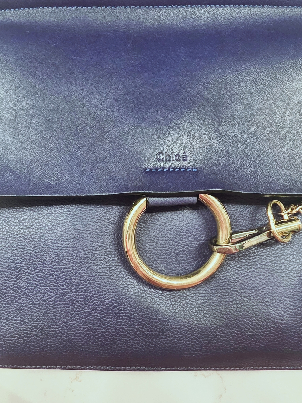 Chloé Faye Navy Leather Clutch Crossbody Gold Ring Hardware
